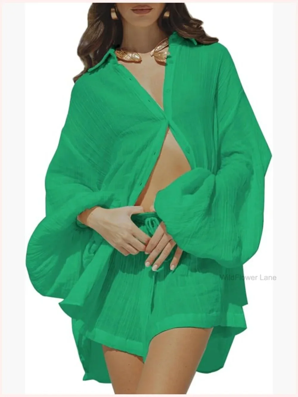2 Piece Outfits Summer Shorts Sets Lantern Sleeve Button Down Shirt and Shorts